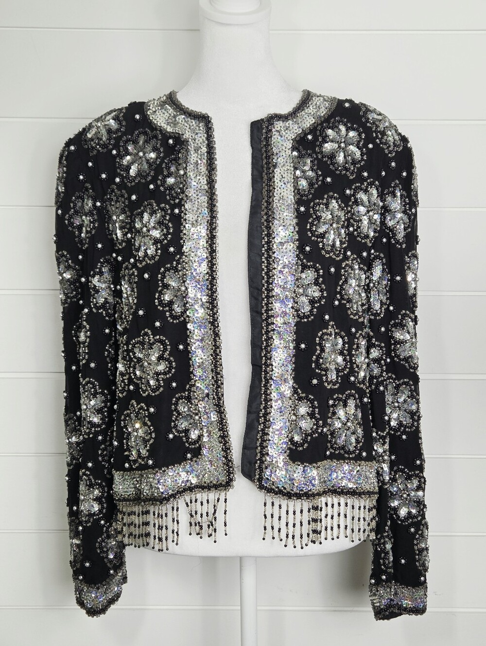 Night Vogue Silk Black Beaded Embellished Jacket Floral Sequin Fringe Blazer M